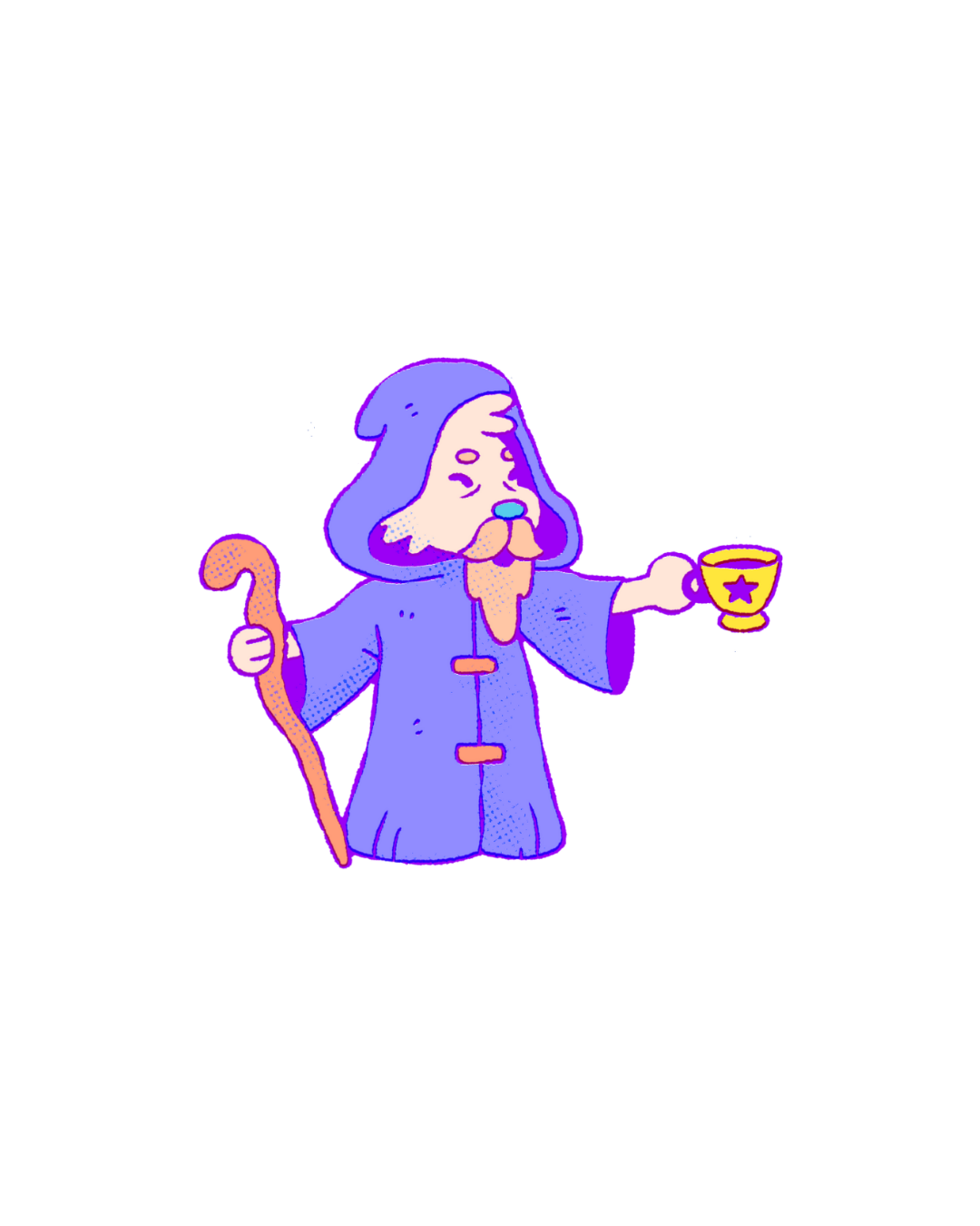The Exiled Shaman, a robed wizard with staff and teacup